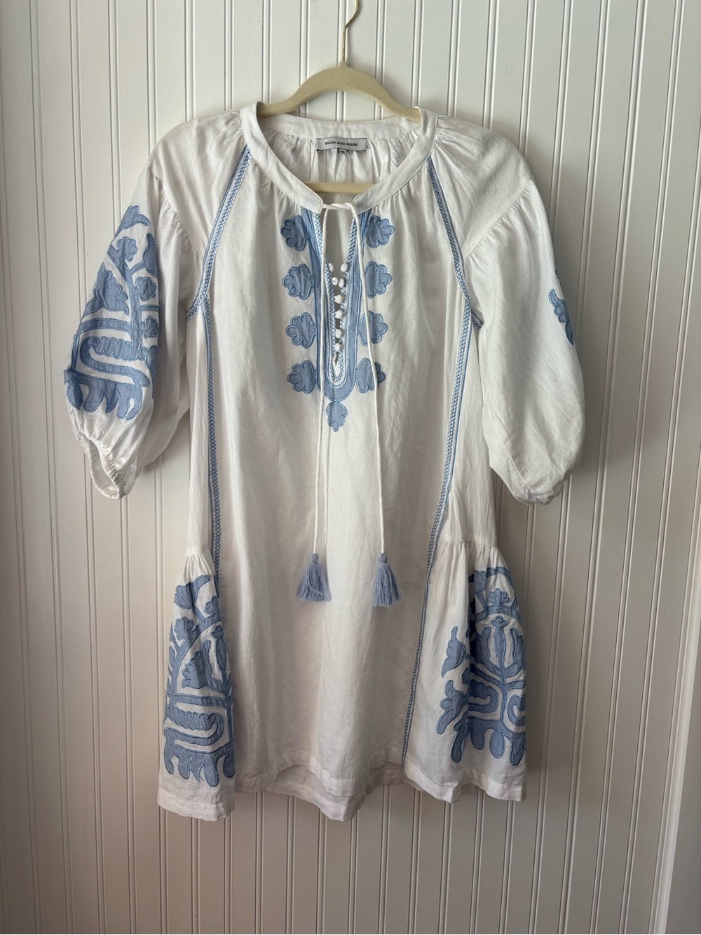 White Mini Dress with Light Blue Embroidery